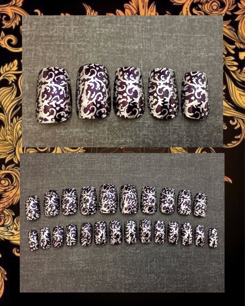 5 purple coffin shaped nails with silver detailing on black background. bottom photo  shows a full set of 20 purple coffin shaped nails with silver detailing on black background.