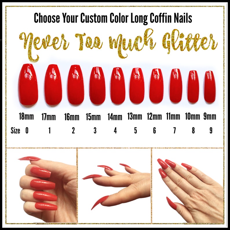 Choose your custom color long coffin nails - NeverTooMuchGlitter - shows 10 red coffin-shaped nails from largest (18mm) to smallest (9mm). Below image shows a white female hand wearing red nails from different angles to demonstrate shape and curve