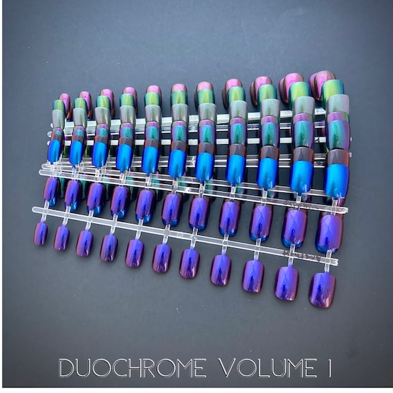 Short Chrome Press On Nails in Blue, Purple and Green | Duochrome Color Shift Chameleon Short Press On Nails | XS Short Fake Nails