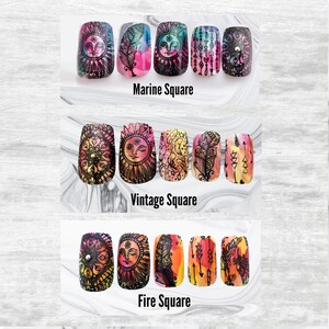 three sets of five square shaped press on nails in different colors but similar designs. Marine is blue and red, vintage is pink and yellow, fire is orange and yellow