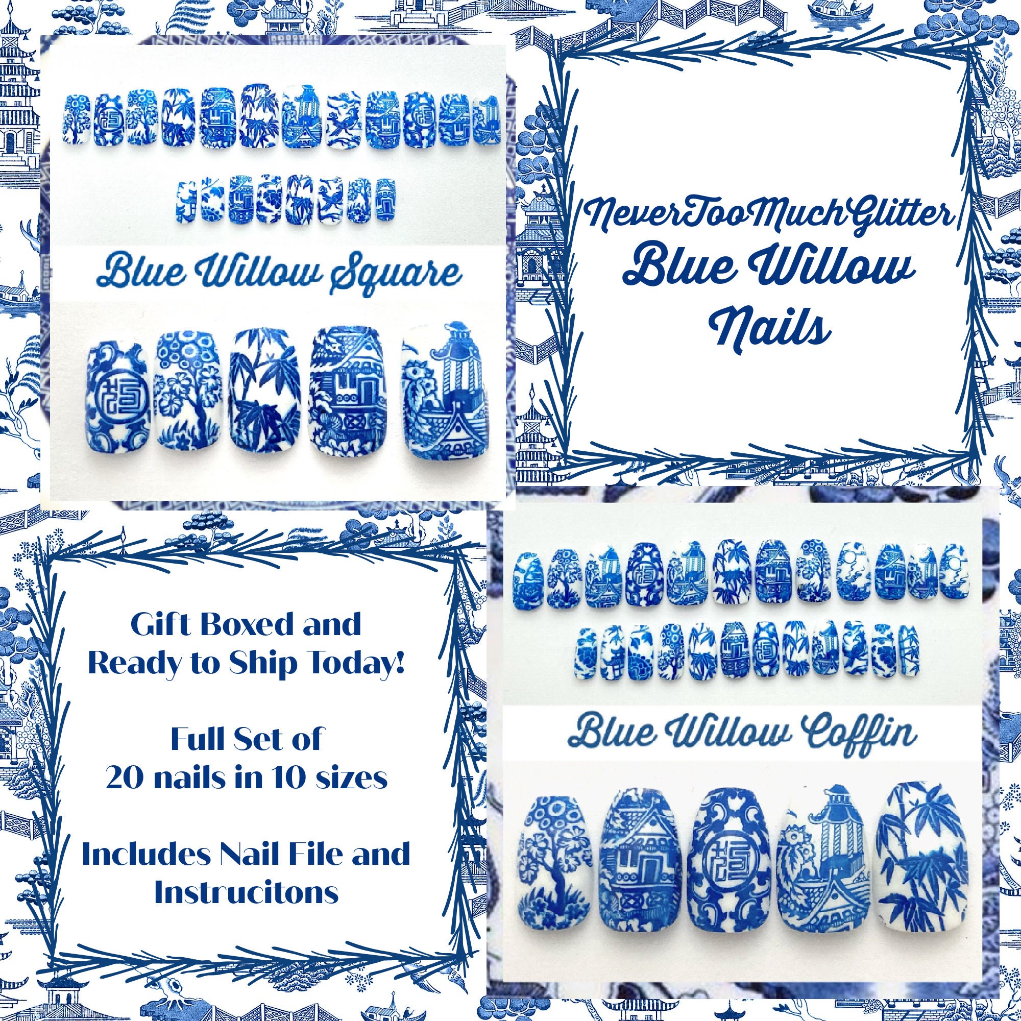 ブルーウィローチャイナネイル | 青と白の陶器の押し付けネイル | 楕円形の四角い棺に入ったシノワズリ竹、花、パゴダのつけ爪 - Etsy 日本
