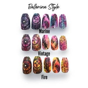 four sets of five ballerina style press-on nails showing different colors with similar designs. Marine is pink and blue, Vintage is orange and pink, Fire is red and orange