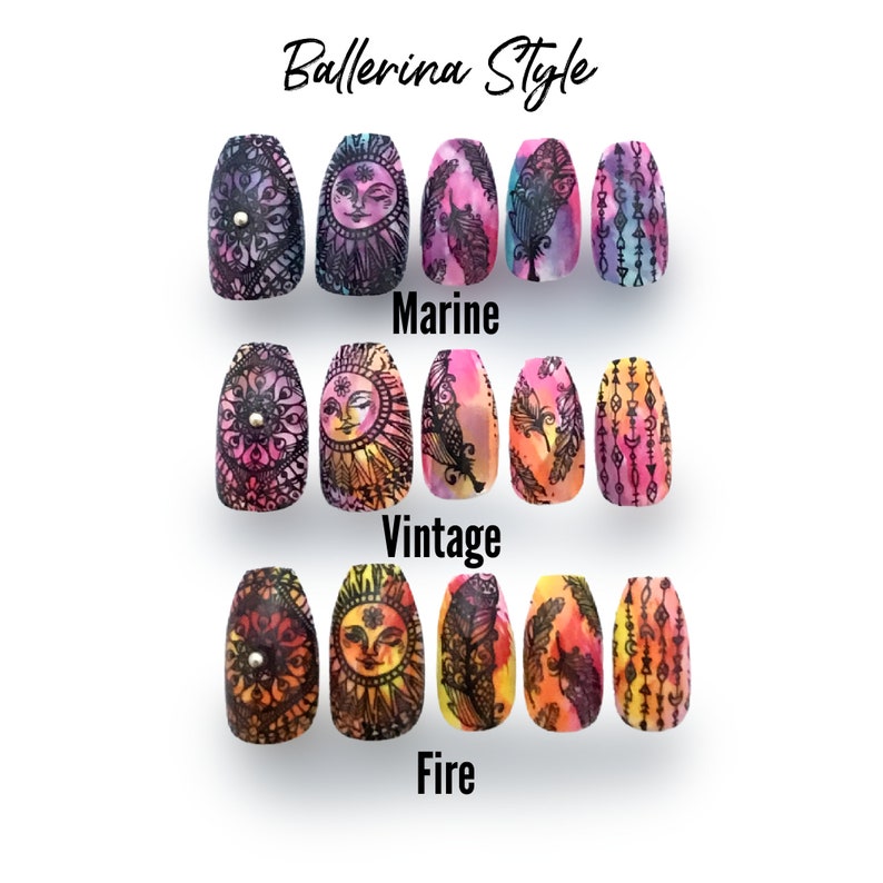 four sets of five ballerina style press-on nails showing different colors with similar designs. Marine is pink and blue, Vintage is orange and pink, Fire is red and orange