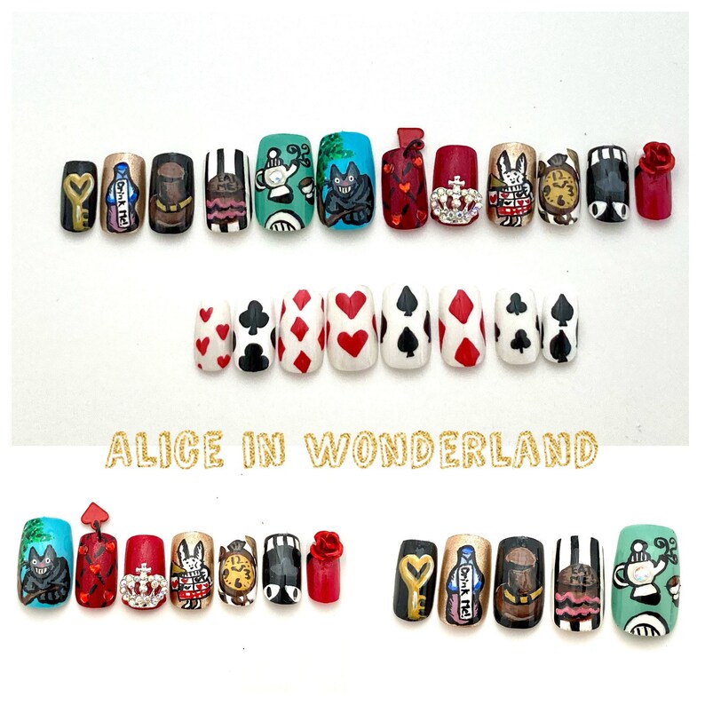 Twenty hand-painted press on nails in square shape depicting images from Alice In Wonderland. Bottom image is a closer view of 13 nails that feature a Key, "Drink Me" bottle, Top Hat, "Eat Me" cake and Cheshire Cat, etc