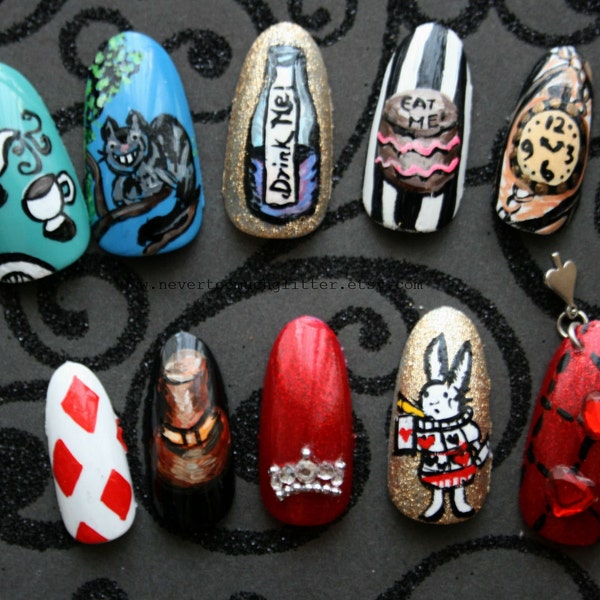 Hand Painted Alice In Wonderland Press On Nails | Custom Alice nails in Stiletto Coffin Almond or Square Shapes | Goth Lolita Style