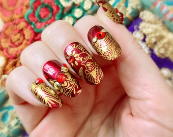 Rajasthan Dreams Red and Gold Indian Wedding Press On Nails | Indian Bridal Makeup Nails | Mehndi Henna Nails | Red Bejeweled Nails