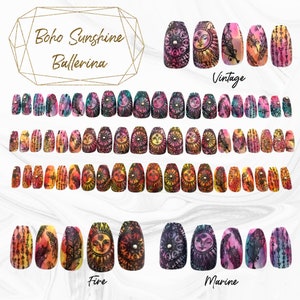 titled "Boho Sunshine Ballerina" and contains numerous ballerina style press on nails with similar designs but in different colors