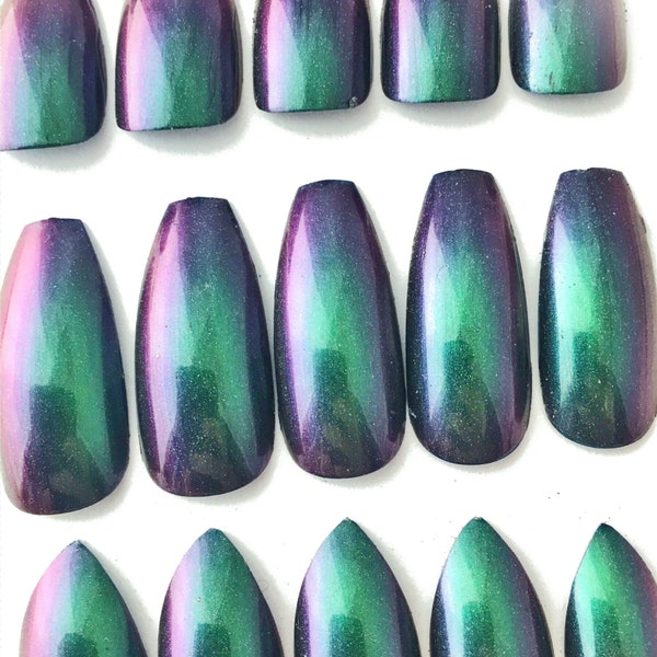 Green Purple Duochrome Press On Nails | Color Shifting Chameleon Fake Nails | Glue on Nails in Long or Short Coffin, Stiletto, Almond