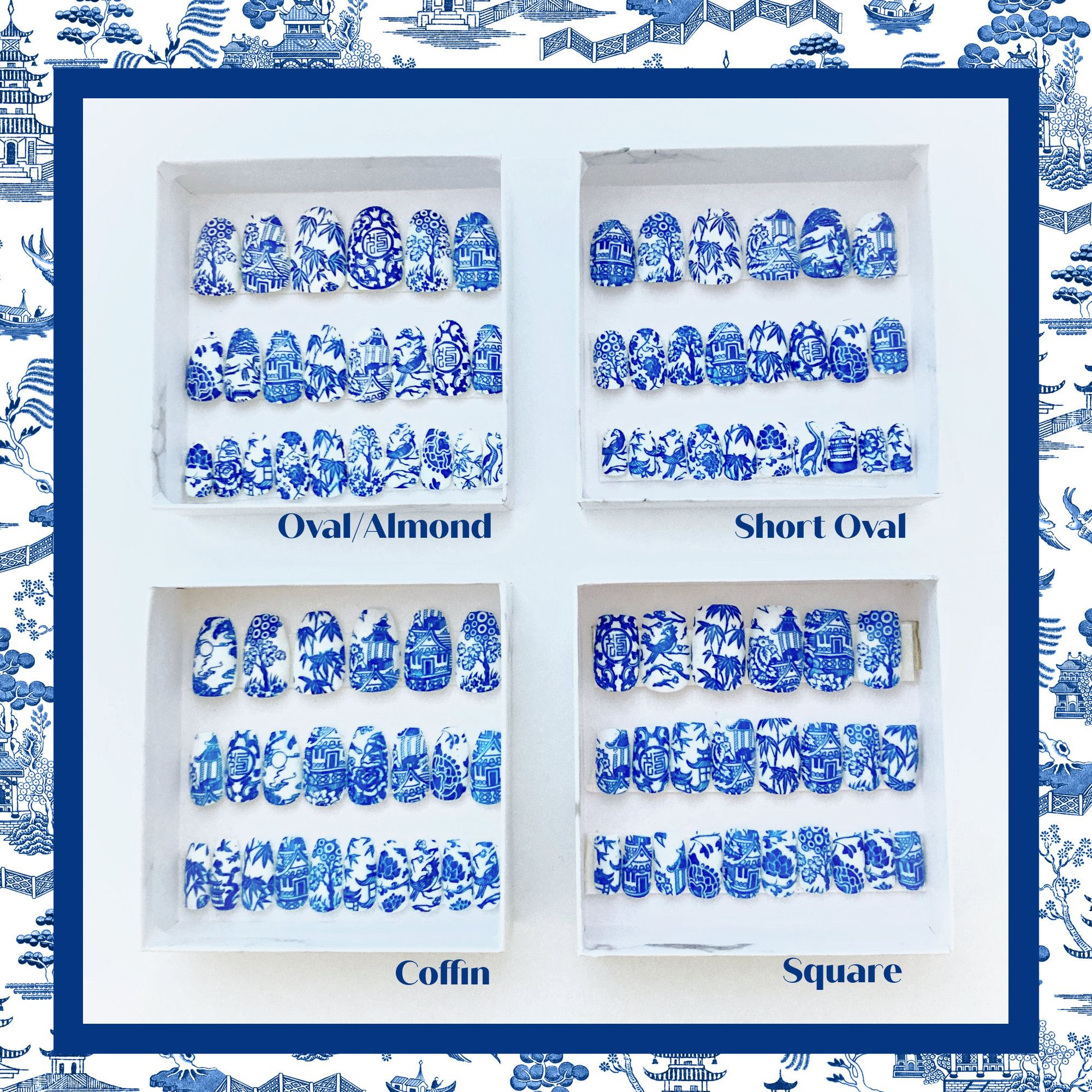 ブルーウィローチャイナネイル | 青と白の陶器の押し付けネイル | 楕円形の四角い棺に入ったシノワズリ竹、花、パゴダのつけ爪 - Etsy 日本