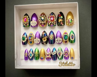Mardi Gras Press On Nails in Square, Stiletto or Coffin or Oval | Blinged Out Mardi Gras NOLA Party Nails to Laissez Les Bon Temps Rouler
