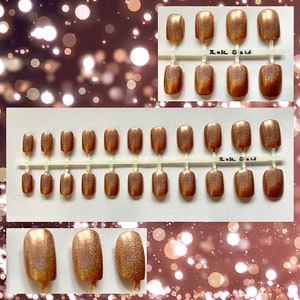 Metallic press on nails with different shapes and a close up shot of the nails to show the shimmer in the glitter.