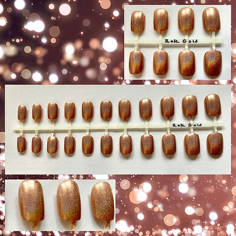Metallic press on nails with different shapes and a close up shot of the nails to show the shimmer in the glitter.
