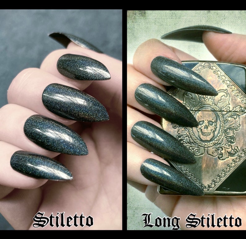 Two photos of a white female hand wearing black holographic stiletto nails. Text read stiletto and long stiletto under relevant photo.