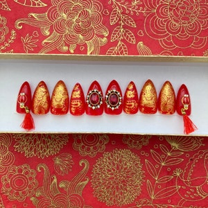 Red and Gold Dragon Press On Nails | Custom of 10 Lunar Chinese New Year Nails Asian Syle Nails