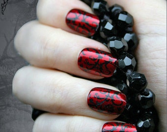 Red Gothic Baroque Press On Nails | Metallic Red and Black Gothic Glue On Nails | Extra Small Short Fake Nails | Petite Small Size Nails