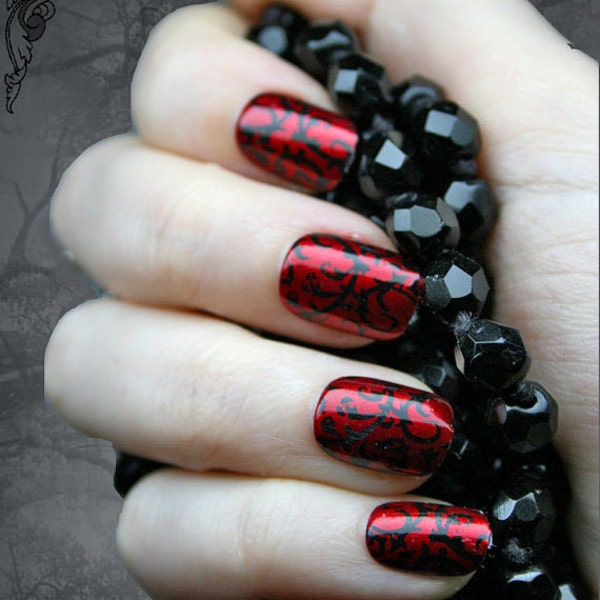 Red Gothic Baroque Press On Nails | Metallic Red and Black Gothic Glue On Nails | Extra Small Short Fake Nails | Petite Small Size Nails