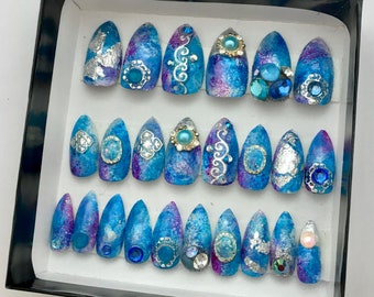 Watercolor Blue Purple Stiletto Press On Nails | Mermaid's Dream Bling Nail | 3D Fake Nails | Crystal Press On Nails | Acrylic False Nails