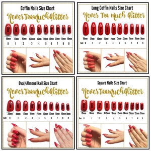 press on nail Size chart showing coffin, long coffin, oval almond and square nail styles. Gold text reads never too much glitter. 10 nails with measurements in mm are shown, 3 photos of the nails worn on a white female hand are shown for each.