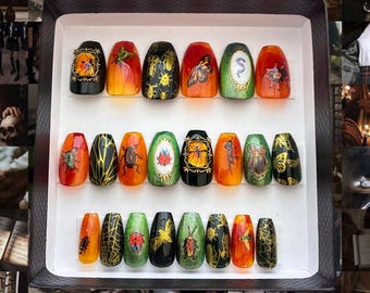 Deluxe Bug in Amber Press On Nails: 3D Victorian Entomology Oddity, Coffin or Square Nails, Unique and Weird Goth Gifts