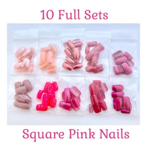 Pink Nail Bundle 10 Sets of Square Pink Press On Nails With Nail Decals Beauty Self Care Solid Pink Nail Wardrobe DIY Manicure Party image 2