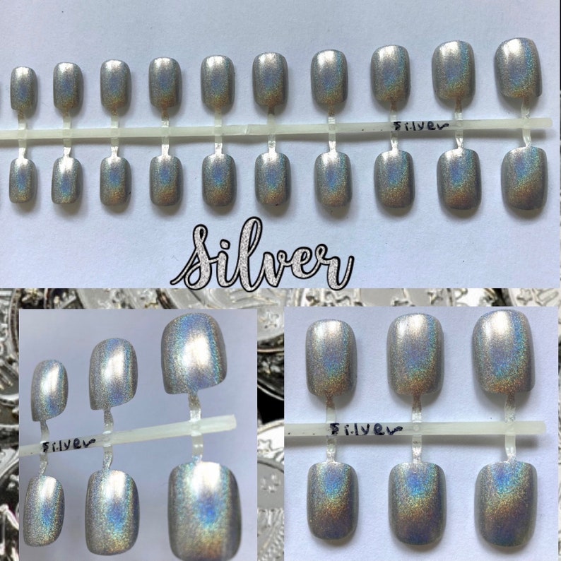 Image shows different shots of metallic silver press on nails in short / petite style.