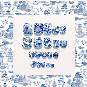Blue Willow Press On Pedicure | Press On Toenails | Blue and White Fake Toenails | Asian Style Toenails with Bamboo Pagoda Flowers