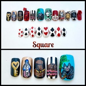 Twenty hand-painted press on nails in square shape depicting images from Alice In Wonderland. Bottom image is a closer view of five nails that feature a Key, "Drink Me" bottle, Top Hat, "Eat Me" cake and Cheshire Cat