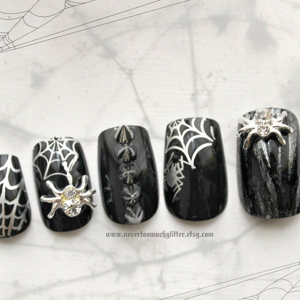 Along Came A Spider. Gothic Fake Nails, Spike Nails, Gothic Nail Art, Spider, Japanese 3D Nail, 3D Fake Nail, Halloween Nail, Arachnid, Goth