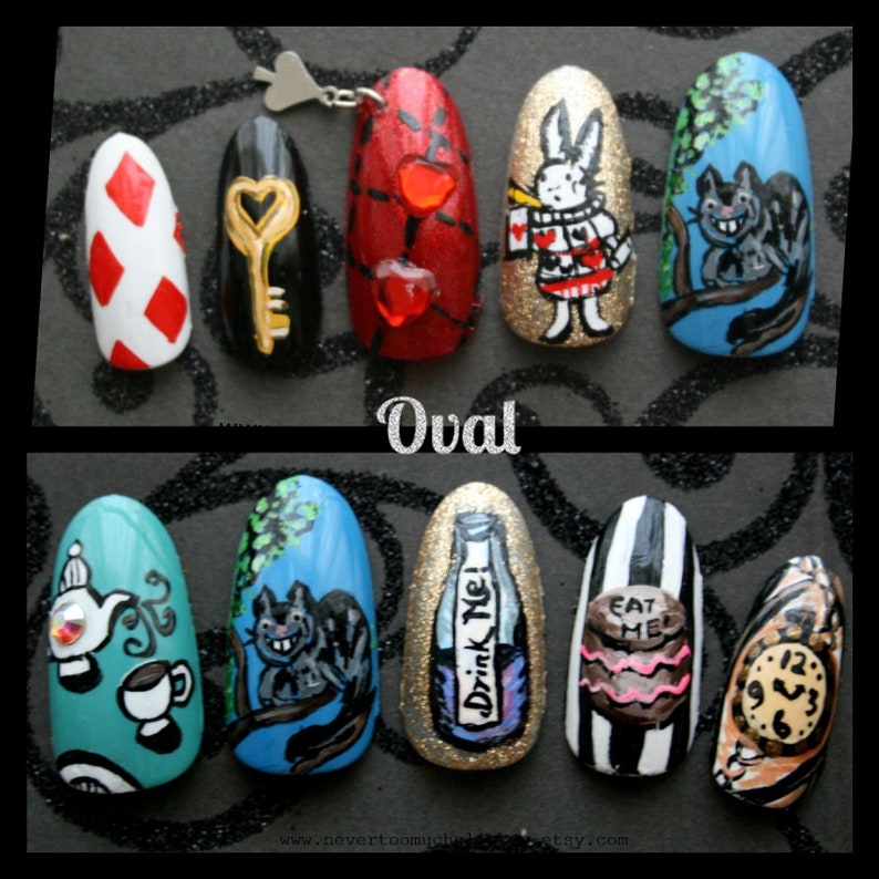 Ten hand-painted press on nails in an Oval shape depicting images from Alice In Wonderland - Tea, Cheshire Cat, "Drink Me" bottle, "Eat Me" cake, clock, top hat, rabbit and playing card