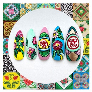 Peranakan Chinoserie Custom Handpainted Press On Nails Singapore Style Southeast Asia Straits Chinese Art Nails Wearable Asian Art image 2