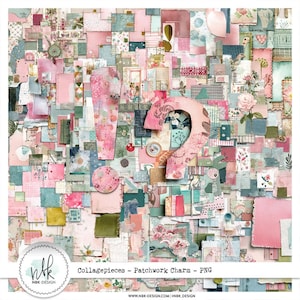May include: A digital collage with a patchwork design in shades of pink, teal, and green. The image features an exclamation point and a question mark, with the text "Collagepieces - Patchwork Charm - PNG" and the NBK DESIGN logo.