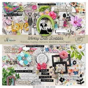 May include: A digital scrapbook kit with a whimsical theme. The design includes floral elements, butterflies, and word art like "Love" and "Home." The kit features a variety of transfers, overlays, and solid papers. The kit includes 59 elements.