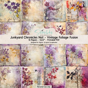 Vintage Foliage Fusion, 12 x 12", 16 papiersoorten | Afdrukbare pdf en jpg, herfstpapier, pruim, paars, botanisch, herfst