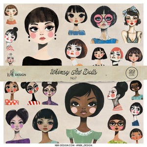 May include: A collage of 22 whimsical art doll illustrations. The dolls feature diverse hairstyles, skin tones, and clothing. The image includes the text "Whimsy Art Dolls No. 7" and the website address NBK-DESIGN.COM.