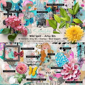Wild Spirit Artsy Bits, 45 elementen, Mixed Media, Digitale collage, Scrapbooking, overlay png, Efemere ongewenste tijdschriften, digitale kunst, digitale kunst