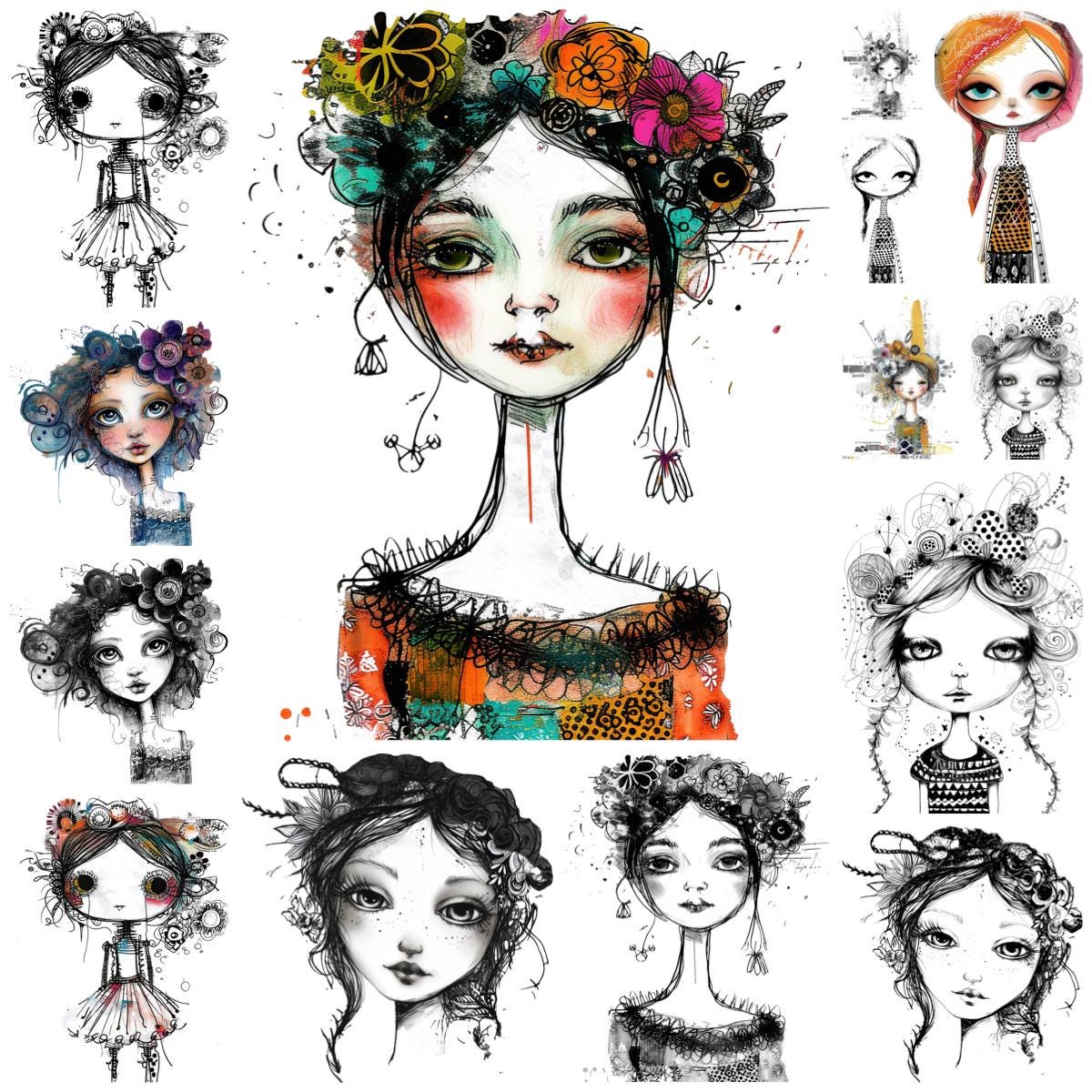 Whimsical Art Dolls Clipart, Mixed Media Boho Fashion Characters (PNG ...