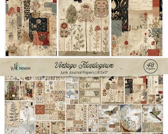 Op de afbeelding: Een set van 48 vintage junk journal papieren. De papieren bevatten bloemen en botanische illustraties in beige, rood en zwart. De set bevat vellen van 21,6 x 27,9 cm. Het ontwerp bevat vlinders en boom illustraties. De tekst luidt "Vintage Florilegium".