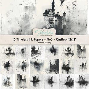 Timeless Ink, Castillos, 12x12", blanco y negro, monocromo, nostálgico, Junk Journal, gótico, imprimible, cuento de hadas, Disneyland, Neuschwanstein,