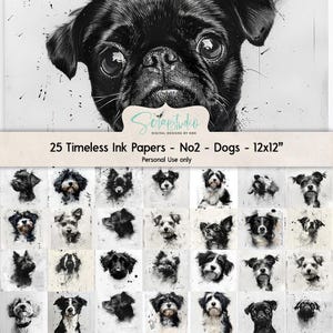 Tinta atemporal, perros, 30 x 30 cm, cachorros, blanco y negro, pintura, monocromo, nostálgico, diario juvenil, scrapbooking, efímera, imprimible, grunge