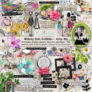 Whimsy Dots & Scribbles-Artsy Bits, kleurrijke overlays van mixed media, WordArt, transfers, collagestijl, heldere speelse ongewenste verschijnselen
