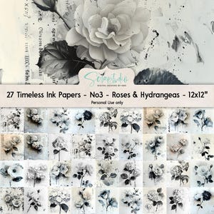 Encre intemporelle, roses et hortensias, 12 x 12", grunge, peinture, vintage, journal indésirable, monochrome, floral, deuil, cartes, condoléances, techniques mixtes