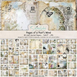 Pagine della mente di un poeta, carta da giornale di scarto 11x8,5", collage vintage, tema letterario, farfalle e piante, riccamente strutturata, tecnica mista