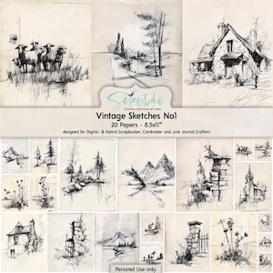 vintage Sketches No1, 8,5 x 11 po, 20 papiers, feuilles, chevaux, paysage, gribouillage, Irlande, église, pierre, fabrication de cartes, imprimable, fleurs