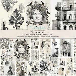 Encre victorienne, 48 papiers de journal indésirable, 8,5 x 11", vintage, monochrome, grunge, style victorien, noir, beige, vintage, fabrication de cartes, scrapbooking