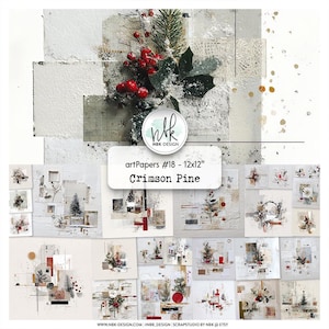 May include: A collection of art papers titled "Crimson Pine" with a variety of textures and designs. The papers are 12x12 inches and feature a mix of white, red, and green elements, including holly and pine branches. The design is by NBK Design.