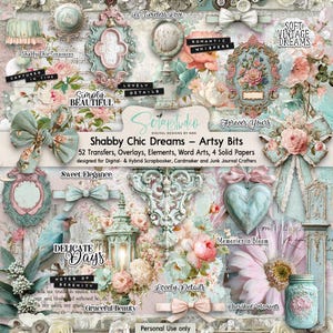 Sueños Shabby Chic: Fragmentos artísticos, efímeras de diario basura, fragmentos artísticos, papeles lisos de 30 x 30 cm, lazos, racimos de flores, tarro Maison, adornos, corazón