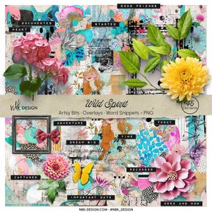 May include: A digital art collage with the text "Wild Spirit" and "Artsy Bits, Overlays, Word Snippets - PNG." The design features pink and yellow flowers, green leaves, a butterfly, and a framed bow. The color palette includes teal, pink, and yellow.