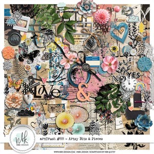 Op de afbeelding: Een collage van diverse decoratieve elementen, waaronder bloemen, vlinders, harten en papieren knipsels. Het kleurenpalet omvat roze, blauw en geel, met het woord "Love" prominent aanwezig. De tekst "artCrush #88 - Artsy Bits & Pieces" is ook zichtbaar.