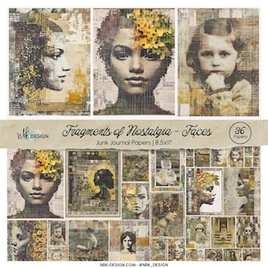 Op de afbeelding: Een verzameling junk journal-papieren met vintage portretten en bloemaccenten. De papieren, van 21,6 x 27,9 cm, tonen artistieke collages van gezichten met een nostalgisch thema. Het ontwerp bevat de tekst "Fragments of Nostalgia - Faces" en "36 Papers".