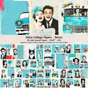 Papeles Dolce Collage, Retratos y coches retro, Rostros caprichosos, Estilo pop vintage, Turquesa, Rojo, Amarillo, Diario basura, Papel digital, Taxi